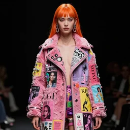 coat for a rave,Orange hairstyle, earrings, bright soft colors, black background, many details, prints, photo for a magazine, photo for a store, fashion photography, Vogue, 135 mm, cinematic, hyper realism, high detail, octane render, 8k, chrome accents, very coherent symmetrical artwork, perfect face model, Soft light, Reduced contrast