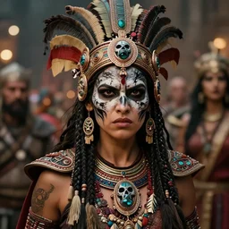 photorealistic headshot of beautiful female ornate fantasy viking indian tribal aztec warrior, angry, black skull warpaint, Neil Blevins, James Paick, Natasha Tan Maciej Kuciara, Frank frazetta, arney freytag, Ritu Kumar, Sabyasachi Mukherjee, Magic the gathering, octane, bokeh, 8k, fashion pose, cinematic, 28mm