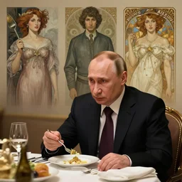 putin eating dinner, character sheet, character design, contrast, deep focus, turnaround, highly detailed, dramatic lighting, digital painting, artstation, concept art, matte, sharp focus, illustration, elegant, art by artgerm and greg f and alphonse mucha.