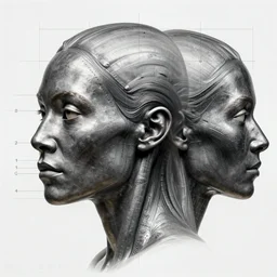 neanderthal female face with gunmetal grey skin, medical anatomy, very symmetrical face, highly detailed, profile perspective / three - view reference sheet ( front / back / side ), in the style of dan ouellette, steven jung, amanda lilleston, hr giger, sil from species, dren from splice, artstation, unreal engine