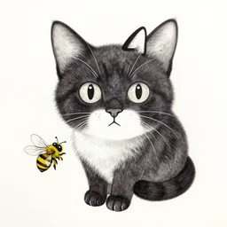 dark ink drawing cat bee hybrid