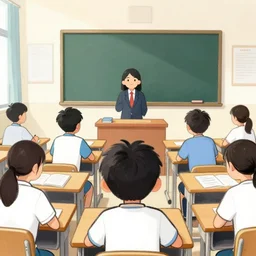 drawing of first - person view of the back of a few students at their desks facing the teacher all with comically enlarged heads
