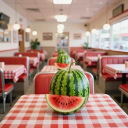 1 9 9 2 watermelon themed diner, tables repeat endlessly into the horizon, fruitcore, watermeloncore, one point perspective, americana, restaurant interior photography, 5 5 mm