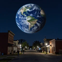planet earth whirls at high speed above the people walking on main street in a small, dark, kansas town at midnight