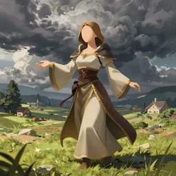 portrait of Syndra from League of Legends medieval dress, countryside, calm, fantasy character portrait, dynamic pose, above view, sunny day, thunder clouds in the sky, artwork by Jeremy Lipkin and Giuseppe Dangelico Pino and Michael Garmash and Rob Rey, very coherent asymmetrical artwork, sharp edges, perfect face, simple form, 100mm