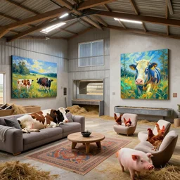 interior view of modern futuristic farm barn architecture and interior design showing cows laying down on sofas and pigs and chickens sitting in lounge chairs, wall art, throw pillows, areas rugs, feed troughs, hay, detailed luminescent oil painting 4 k
