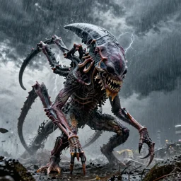 hyperrealistic and heavy detailed most disturbing creature in the universe, subsurface scattering, sony a 7 siii sigma 2 4 - 7 0 mm f / 2. 8, heavy film grain, high quality, high textured, real life, full body in shot, far distance, rain, thunderstorm