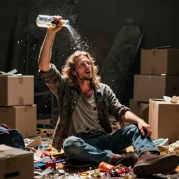 moving day disaster. photo of man with long light brown hair throwing up all over himself