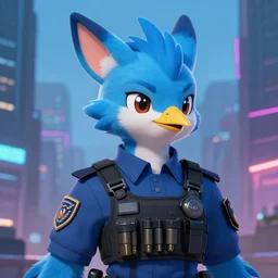 A beautiful portrait commission of a female furry anthropomorphic avian blue bird fursona wearing a security guard uniform with a bullet proof vest. Cyberpunk city. 🐦