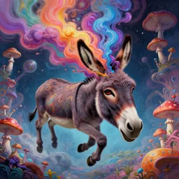 donkey floating in space with head bursted into colorful liquid smoke and clouds, an extremely colorful psychedelic experience, warping time and space, magic mushrooms, psilocybin, lsd, face, detailed, intricate, elegant, highly detailed, digital painting, artstation, concept art, smooth, sharp focus, illustration, art by krenz cushart, hana yata, and artem demura and alphonse mucha, octane render, unreal engine, 8 k