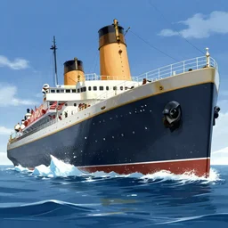 titanic crashing into iceberg, anime, 8 k, high detailed, ocean, giant boat,