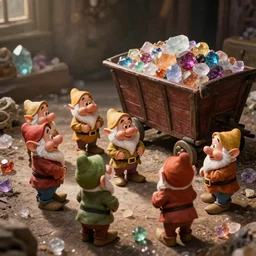 a beautiful photo of the seven dwarfs mine, colorful crystals scattered around, and a mine cart full of crystals, natural light, concept art, cozy, atmospheric and cinematic lighting