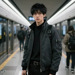 a white young man with short black hair and a cyberpunk jacket on while standing in a subway train station with other people in the year 2032 —n 4