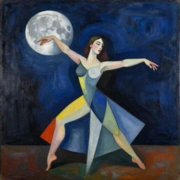 woman dancing with her arms outstretched towards the moon, abstract art in the style of cubism and georgia o keefe