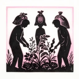 linocut silhouettes of men in a garden growing plants with nutsacks on top, black on pink on white