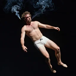 a man wearing nothing but shorts is floating in space he has smoked way too much cannabis.