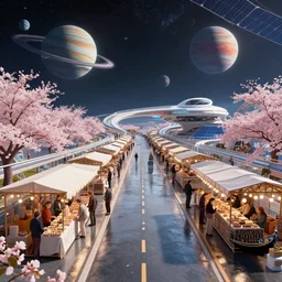 floating wet renaissance venice market with vendors on a luxurious road on interstellar solar system with nearby planets seen from the distance, advanced highway, star trek style, by peter mohrbacher, jeremy mann, greg rutkowski, android james, ross tran, beautiful, award winning scenery, 8 k quality, clean details, serene, sakura season,