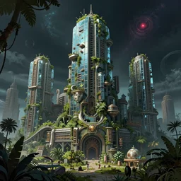 a beautiful ultradetailed illustration of bastion city urbex building nature by jean delville, cosmic matte painting junglepunk vice city made of glass dieselpunk bioshock evil universe, archdaily, wallpaper, highly detailed, trending on artstation.