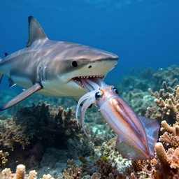 high quality photo of a shark eating a squid, ultra realistic, coral reef
