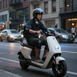 man with the helmet on an electric scooter with seven mirrors kneepads, and the laser scrolling down can devenir new york city