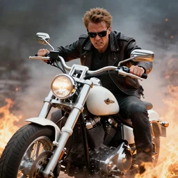 angry white white on a chopper motorbike, shotgun, extreme detail, studio light, photorealistic, gritty, movie still, cinematic, fire, smoke, soft focus, well edited, 8 k, sunglasses, atmospheric, dark, leather jacket