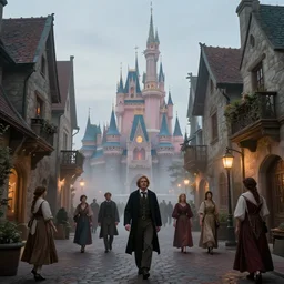 a medieval street with disney castle in the background, misty evening, fantasy art, highly detailed matte painting, low angle view, telephoto lens 2 0 0 mm, by stanley artgerm lau, greg rutkowski, thomas kinkade, alphonse mucha, loish, norman rockwell, artstation