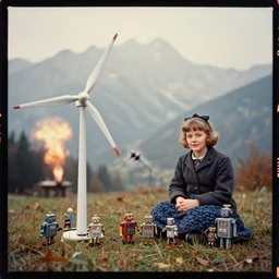 kodak portra 4 0 0, wetplate, muted colours, blueberry, 1 9 3 0 s style, award winning portrait by britt marling of tin toy robots build wind turbines in bavarian alps in autumn, haze, explosions, rockets, bombs, motion blur, by georges melies