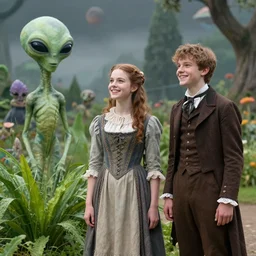 a girl and a boy standing next to some alien plants, in a park on a alien planet, looking happy, wearing victorian clothes, realistic facial details,  photorealistic raytracing