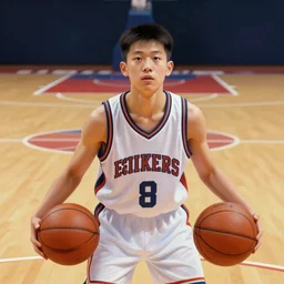 portrait of a boy holding a basketball playing basketball wearing a basketball uniform in a basketball court, intricate, elegant, highly detailed, centered, digital painting, artstation, concept art, smooth, sharp focus, illustration, by Peter Mohrbacher, WLOP
