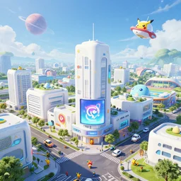 a new future urban city, white buildings + colorful decorative + led billboards + brand logo + pedestrian crossing, cute future vehicles, cute spacecraft flying in the air, many pokemon walking on the street, cute scene, landscape, huge universe, alien planet in the sky far away, game center + sports center buildings, wideangle lens, dokev, ratchet & clank, overwatch, splatoon 3, big hero 6, zootopia,