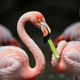 A flamingo with human arms eating celery, photography, realistic