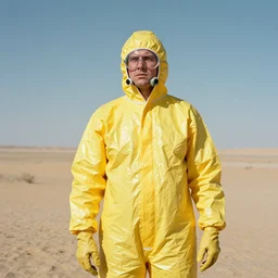 a man wearing a yellow hazmat suit, in the desert, 1950's film grain, 1950's movie