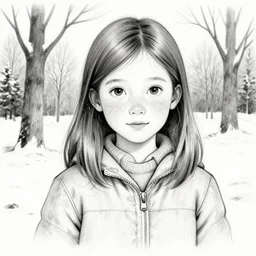 a black and white ink drawing of a freckled ten year old girl named lucy in winter fur park and and a fur hat ( ( waving ) ), ( ( ( ( smiling ) ) ) )