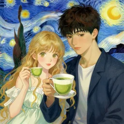 gorgeous dark blonde rina and handsome cute beautiful young man named shadow taehyung in his 2 0 s with short dark hair holding a teacup with matcha by ayami kojima, van gogh, alphonse mucha, artstation, digital art