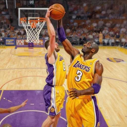 painting of basketball, kobi and shaq in an epic play, yellow lakers basketball players, kobi bryant scoring a hoop alone on the basketball court, intricate detail, award - winning, masterpiece, focus on kobi bryant