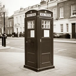photo of a metropolitan police box in suburban london, police box, 1930s, sepia, wide shot