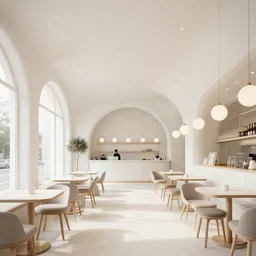 architectrural rendering of cafe interior design by calatrava, white tone & mannar, 4 k, high detailed