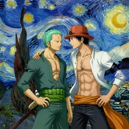 zoro vs sanji, one piece fight, in the style of vincent van gogh
