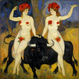 highly detailed painting of gemini goddesses wearing red flowers while they ride a black bull by tamara de lempicka