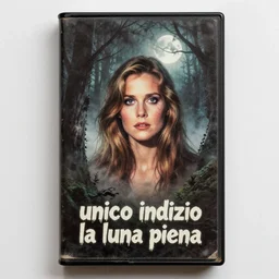 michelle pfeiffer 1 9 8 0 s vhs tape cover, “ unico indizio la luna piena ”, atmospheric, realism, hand drawn, horror, grimy, in the woods, highly detailed, high octane render, hd, spooky moon and fog, in the style of enzo sciotti