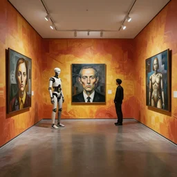 realistic empty room in the style of constructivism, exhibition of paintings and people cyborgs, by francis bacon, by ayami kojima, by amano, by karol bak, greg hildebrandt, by mark brooks, by alex grey, by zdzisław beksinski, by takato yamamoto, wrapped thermal background