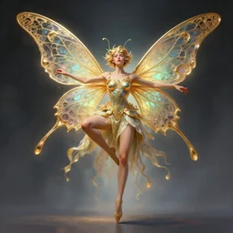 dancing fairy with butterfly wings, intricate, d & d, powerful, fantasy, art nouveau, digital painting, trending on artstation, sharp focus, wide shot, illustration, global illumination, ray tracing, art by whimmy