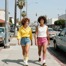 a street in los angeles with 2 happy people in 1 9 7 0. 7 0's color 4 k