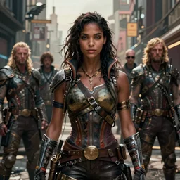detailed ultrarealistic photography front medium shot of postapocalyptic, cyberpunk street warrior dejah thoris, leyendecker, norman rockwell, greg rutkowski, artstation cinematic, vray game of thrones, lord of the rings, hell's angels
