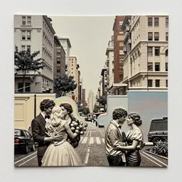 new wave of urban romance detailed photo and highly reliefed analogue mixed media collage with canvas texture in style of conteporary art, punk art, hyperrealistic beautiful face, photorealistic, expressionism, masterpiece, perfect composition, spectacular quality, intricate oil details