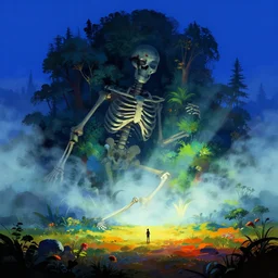 beautiful artwork illustration, a giant skeleton on ground defeated in the distance engulfed in nature, volumetric fog, godrays, high contrast, high contrast, blue hour, high contrast, vibrant colors, vivid colors, small man onlooker, high saturation, by greg rutkowski and jesper ejsing and raymond swanland, wide angle, vertical orientation