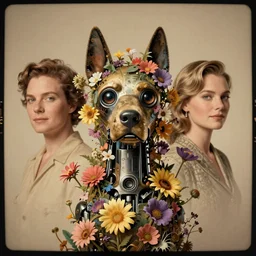 a beautiful ultradetailed vintage photo of margot robbie as xolo, by tom bagshaw and natalie shau, portrait, vignette, 3 5 mm lens, golden ratio composition, detailed faces, studio photography, very detailed, robot dog overgrown with flowers, artstation, 8 k, highly coherent