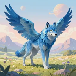 Blue feathered wolf with wings on a beautiful fantasy landscape, hills, mountains, visible planets in the sky, pastel colors, post processing, ultra detailed, trending on artstation