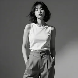 portrait of a girl in long pants and a top, hands in pockets, eyes closed, bob haircut, digital art, black and white