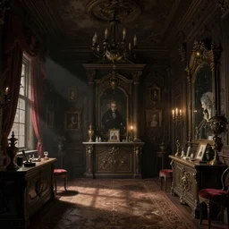 dark shop interior illustration in style of mansion of madness by John Pacer